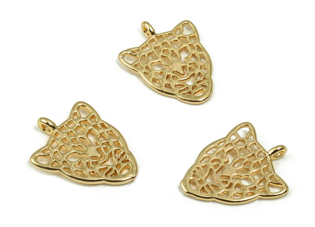 Brass Hollow Jaguar Earring Charms - Gold Tiger Pendant - 18K Real Gold Plated Brass - Jewelry Making Supplies - 14.48x11.43x0.9mm - RGP4167 - DOMEDBAZAAR