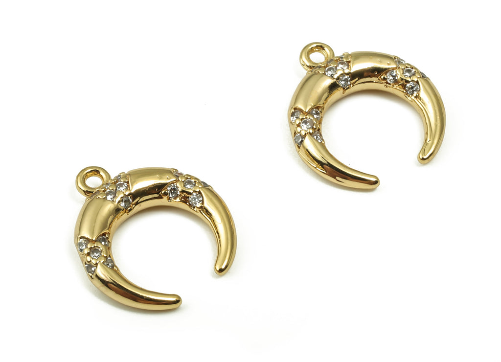 Brass Crescent Earring Charms With Zircons - Gold Moon Pendant - 18K Real Gold Plated Brass - Jewelry Supplies - 13.53x11.93x3.1mm - RGP4163 - DOMEDBAZAAR