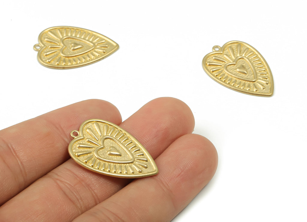 Brass Hearts Earring Charms - Raw Brass Sun Pendant - DIY Jewelry Making Supplies - 28.65x20.16x1.14mm - PP4886 - DOMEDBAZAAR