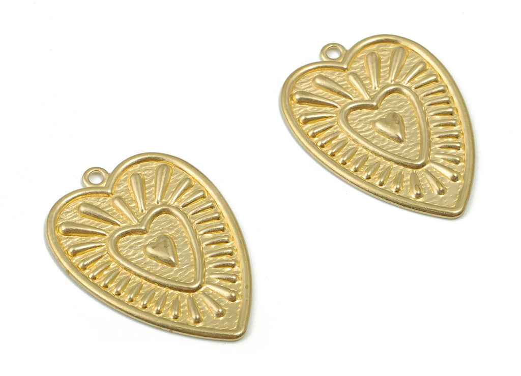 Brass Hearts Earring Charms - Raw Brass Sun Pendant - DIY Jewelry Making Supplies - 28.65x20.16x1.14mm - PP4886 - DOMEDBAZAAR