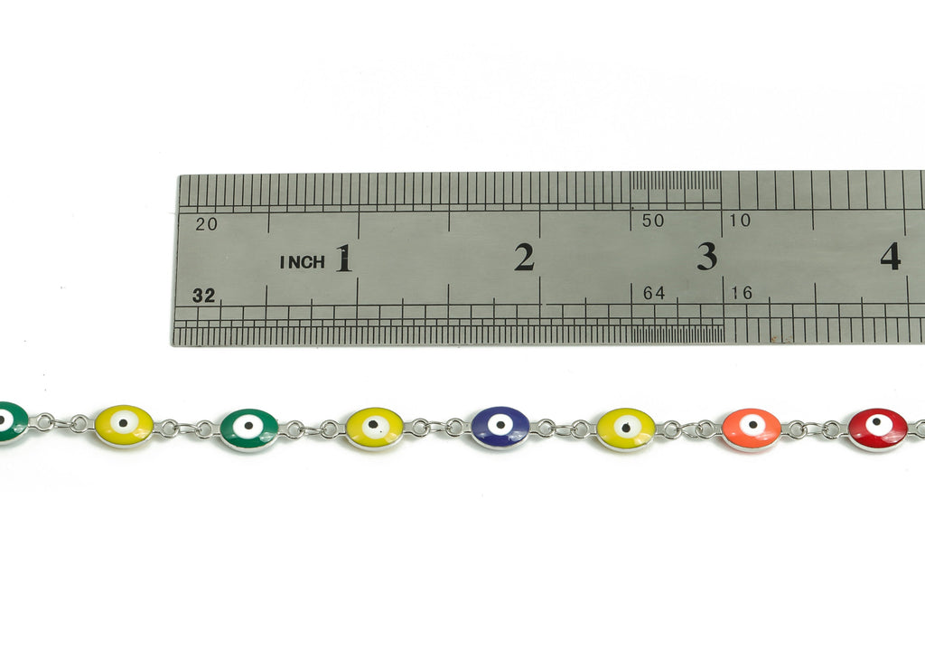 Evil Eye Enamel Chain - Silver Tone Plated Brass Chain - Soldered Marquise Multi Color Beaded Chain - For Bracelet 0.60&quot;x0.24&quot;x0.15&quot; CC1209S - DOMEDBAZAAR