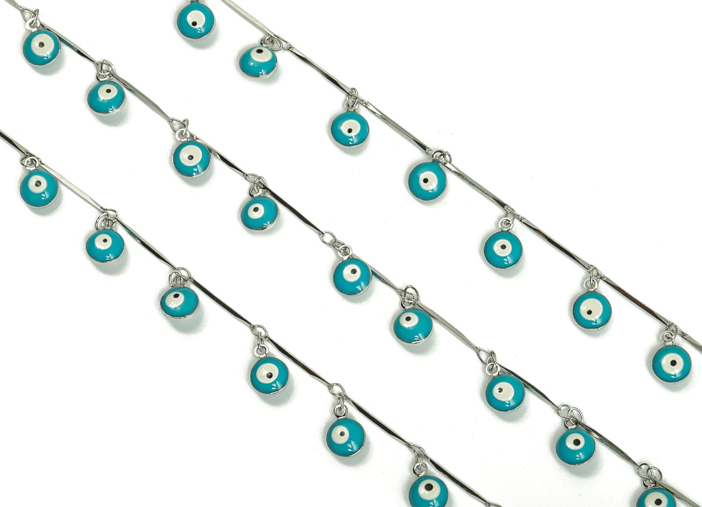 Evil Eye Enamel Chain - Silver Tone Plated Brass Chain - Soldered Marquise Multi Color Iron Beaded Chain 0.37&quot;x0.26&quot;x0.16&quot; CC1210S - DOMEDBAZAAR