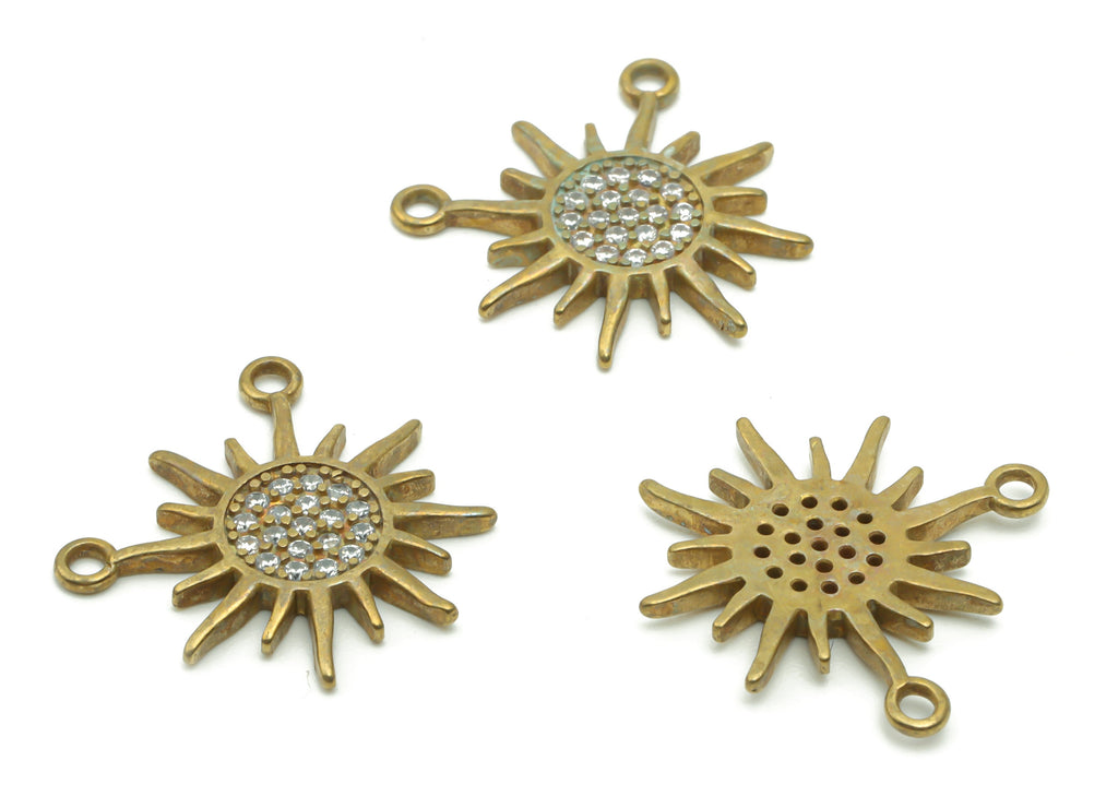 Brass Sun Earring Connector With Zircons - Raw Brass Sun Charms and Pendant - Jewelry Making Supplies - 18.82x17.41x1.68mm - PP4979 - DOMEDBAZAAR