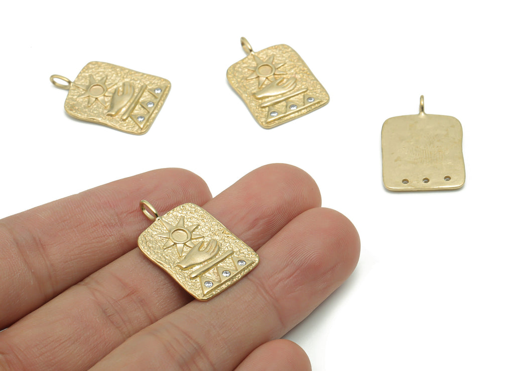 Brass Hammered Hold The Sun In Your Hand Charms With Zircons - Raw Brass Square Mountains Sun Hand Pendant - 26.29x17.48x1.5mm - PP5028 - DOMEDBAZAAR