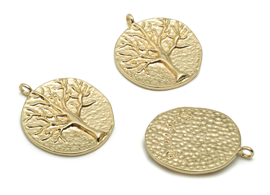 Brass Hammered Round Tree Root Earring Charms - Gold Circle Tree Root Pendant - 18K Real Gold Plated Brass - 22.28x18.89x1.6mm - RGP4246 - DOMEDBAZAAR