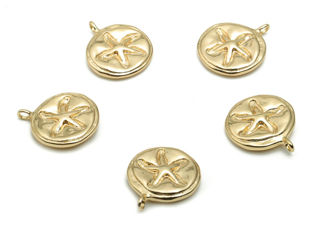 Brass Round Starfish Earring Charms - Gold Starfish Circle Pendant - 18K Real Gold Plated Brass - Jewelry Supplies - 16.9x14.5x3.3mm-RGP4244 - DOMEDBAZAAR