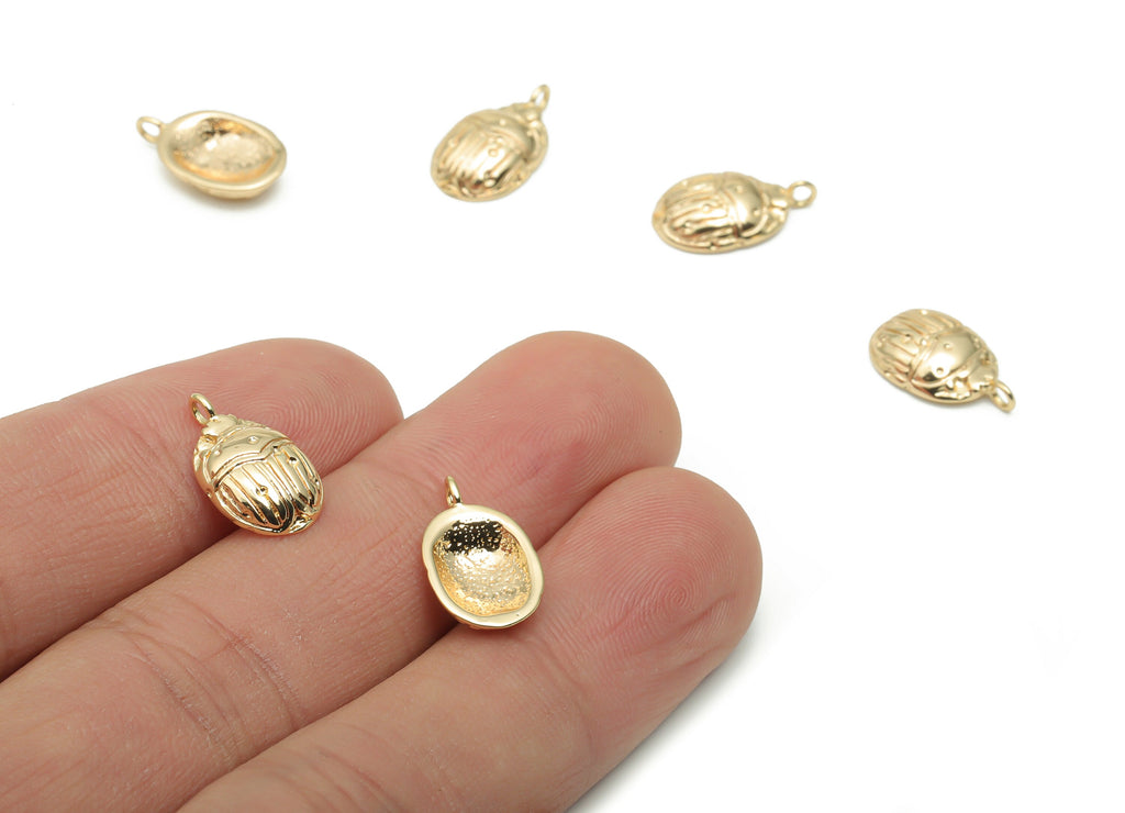 Brass Beetle Earring Charms - Gold Insect Pendant - 18K Real Gold Plated Brass - Jewelry Making Supplies - 14.21x8.65x0.97mm - RGP4262 - DOMEDBAZAAR