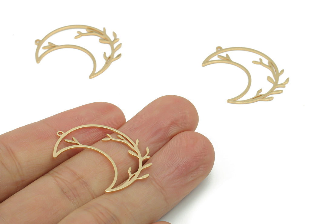Brass Crescent Earring Charms - Gold Moon Branch Pendant - 18K Real Gold Plated Brass - Jewelry Supplies - 31.05x24.24x0.72mm - RGP4209 - DOMEDBAZAAR