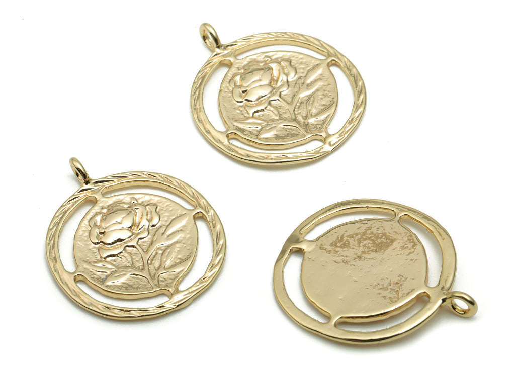 Brass Round Rose Flower Earring Charms - Gold Flower Circle Pendant - 18K Real Gold Plated Brass - 20.55x17.18x1.44mm - RGP4250 - DOMEDBAZAAR