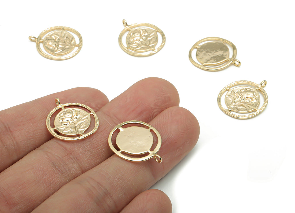 Brass Round Rose Flower Earring Charms - Gold Flower Circle Pendant - 18K Real Gold Plated Brass - 20.55x17.18x1.44mm - RGP4250 - DOMEDBAZAAR
