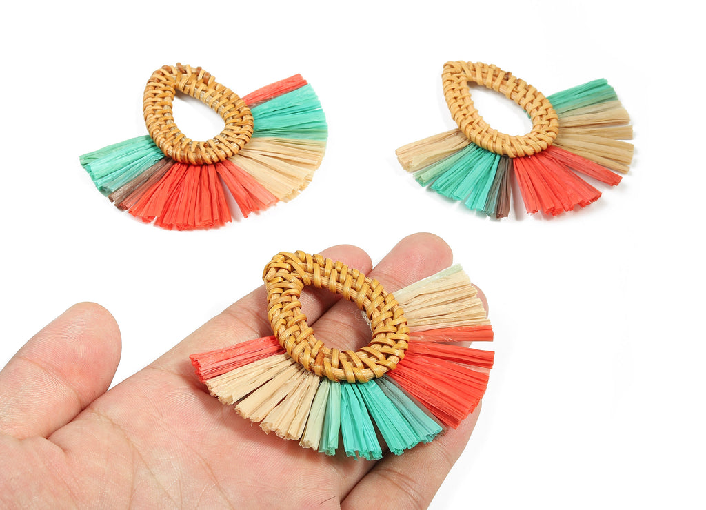 Rattan Raffia Tassel Drop Charms - Drop Earrings with Fan Tassels - Handmade Rattan - Woven Earrings - 75.53x70.72x5.48mm - RT1341 - DOMEDBAZAAR