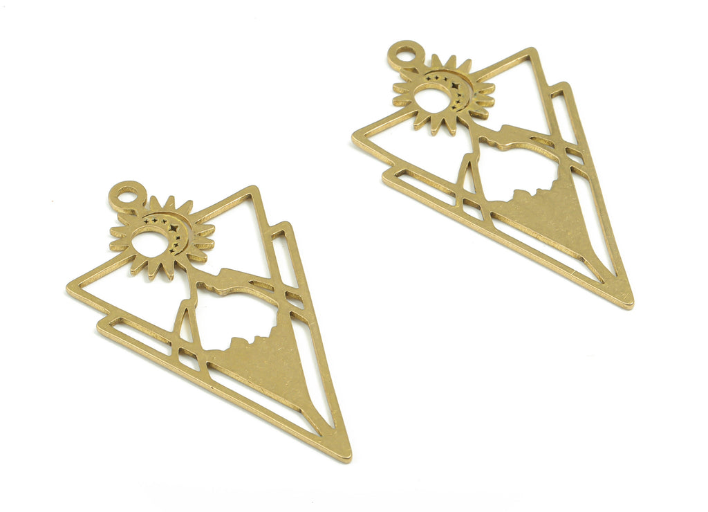 Brass Sun Triangle Earring Charms - Raw Brass Moon Star Mountain Pendant - DIY Jewelry Making Supplies - 40.7mm x 22.45mm x 0.86mm - PPZ0078 - DOMEDBAZAAR