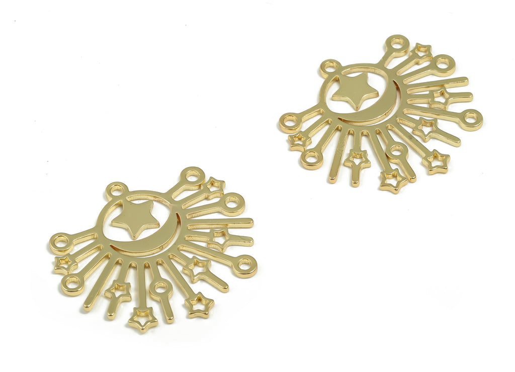 Brass Sun Earring Charms - Gold Moon Star Pendant - Gold Tone Plated Brass - Jewelry Making Supplies - 24.63mm x 22.84mm x 0.77mm - PPZ0018G - DOMEDBAZAAR