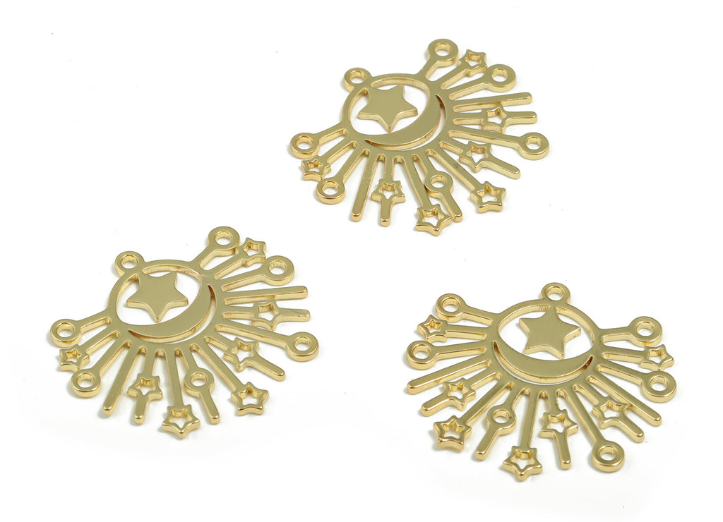 Brass Sun Earring Charms - Gold Moon Star Pendant - Gold Tone Plated Brass - Jewelry Making Supplies - 24.63mm x 22.84mm x 0.77mm - PPZ0018G - DOMEDBAZAAR