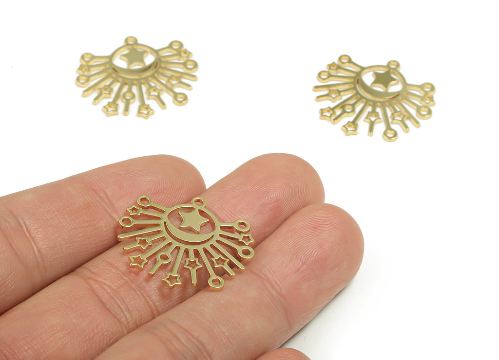 Brass Sun Earring Charms - Gold Moon Star Pendant - Gold Tone Plated Brass - Jewelry Making Supplies - 24.63mm x 22.84mm x 0.77mm - PPZ0018G - DOMEDBAZAAR