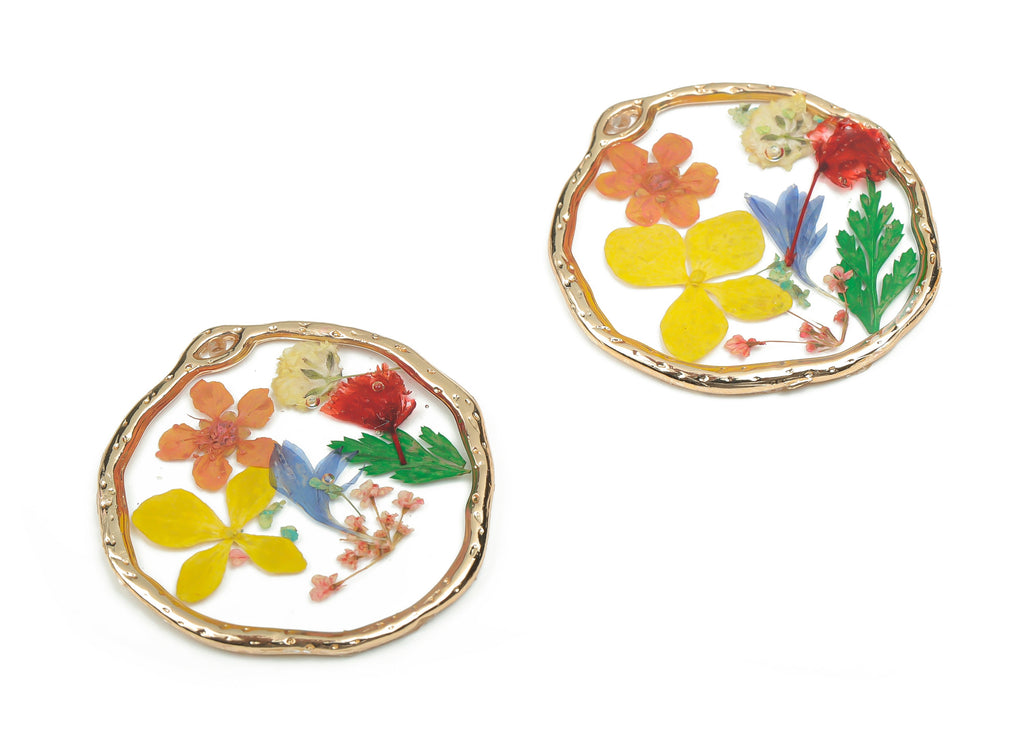 Epoxy Alloy Round Earring Charms - Resin Dried Flower Pendant - Jewelry Making Supplies - 34.49mm x 32.54mm x 2.46mm - RC1198 - DOMEDBAZAAR