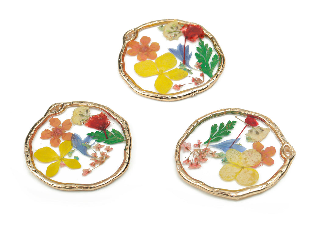 Epoxy Alloy Round Earring Charms - Resin Dried Flower Pendant - Jewelry Making Supplies - 34.49mm x 32.54mm x 2.46mm - RC1198 - DOMEDBAZAAR