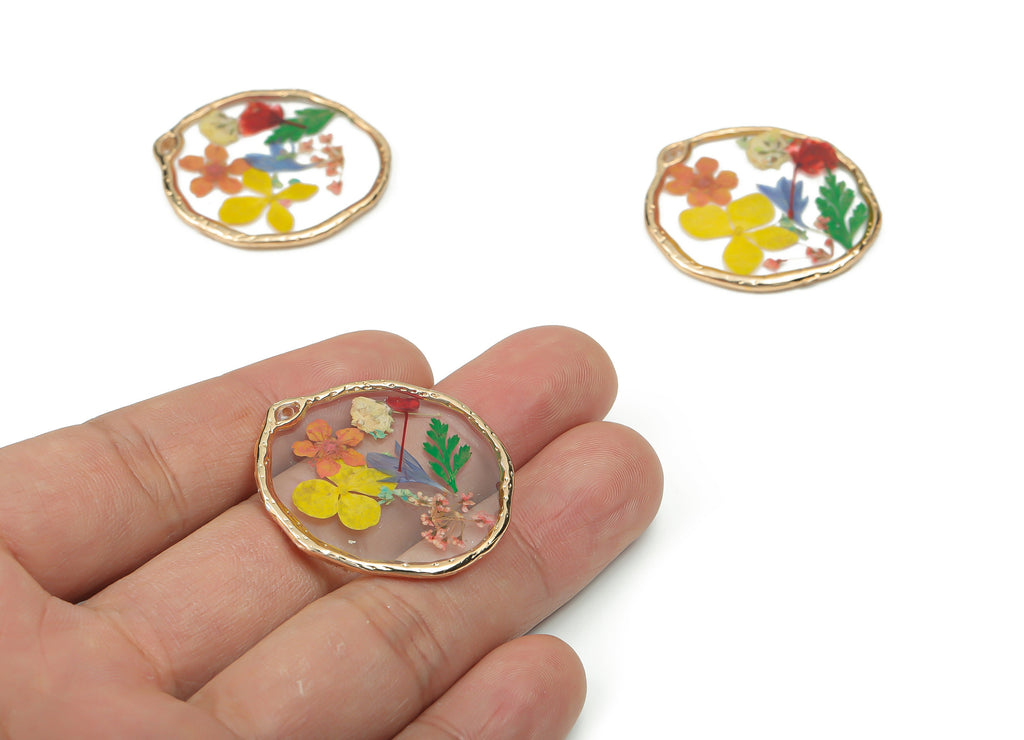 Epoxy Alloy Round Earring Charms - Resin Dried Flower Pendant - Jewelry Making Supplies - 34.49mm x 32.54mm x 2.46mm - RC1198 - DOMEDBAZAAR