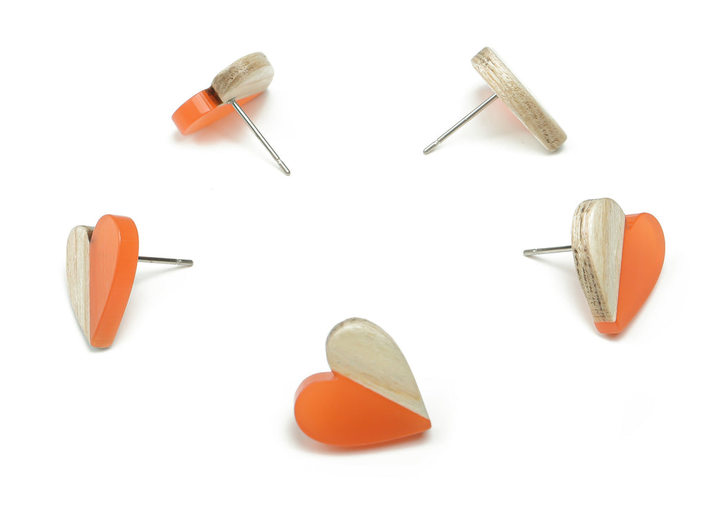 Resin Heart Earring Stud - Plain Wood Heart Post - 316 Surgical Stainless Steel Stud - Jewelry Making Supplies - 14.76x14.3x3.12mm - BB1133A - DOMEDBAZAAR