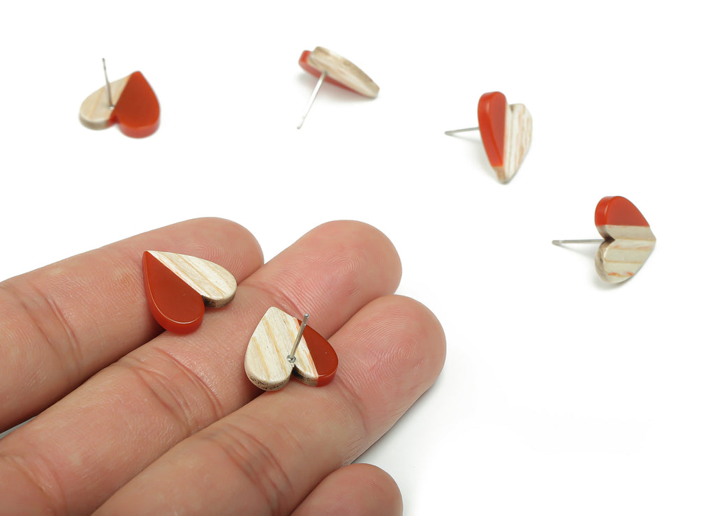 Resin Heart Earring Stud - Plain Wood Heart Post - 316 Surgical Stainless Steel Stud - Jewelry Making Supplies - 14.76x14.3x3.12mm - BB1133J - DOMEDBAZAAR