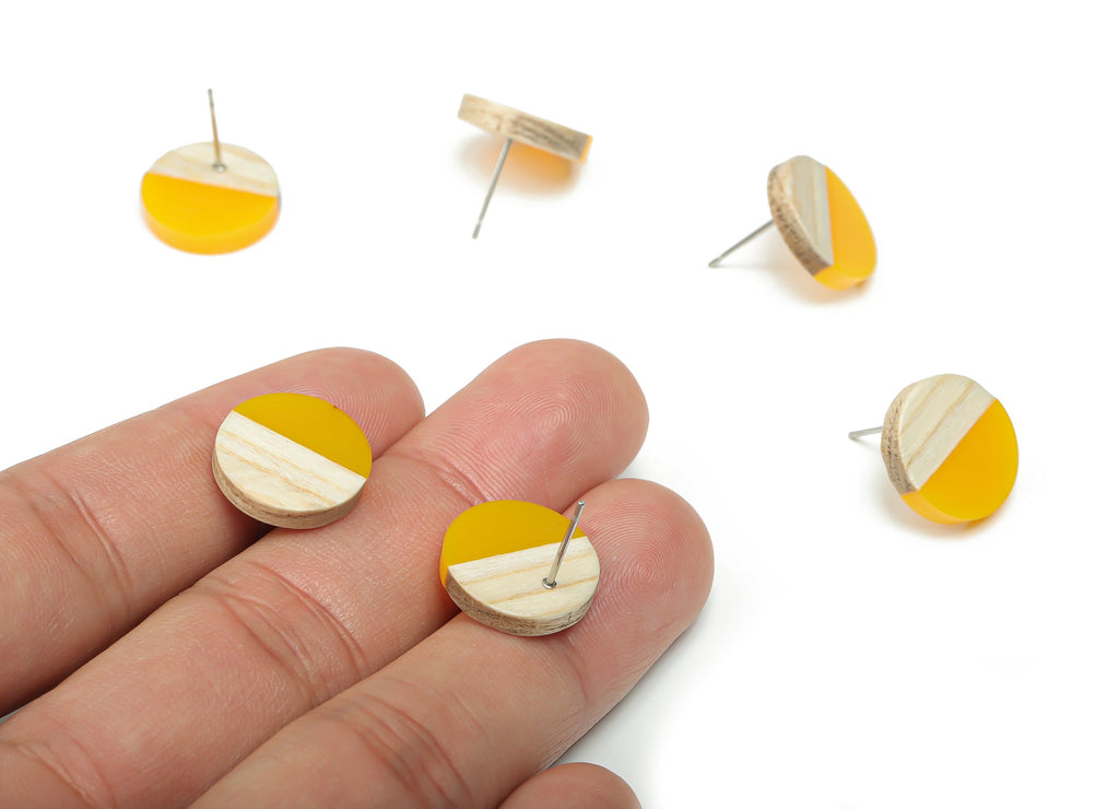 Plain Wood Round Earring Stud - Resin Circle Earring Post - 316 Surgical Stainless Steel Stud - Jewelry Supplies - 15.1x15.1x3.6mm - BB1132A - DOMEDBAZAAR