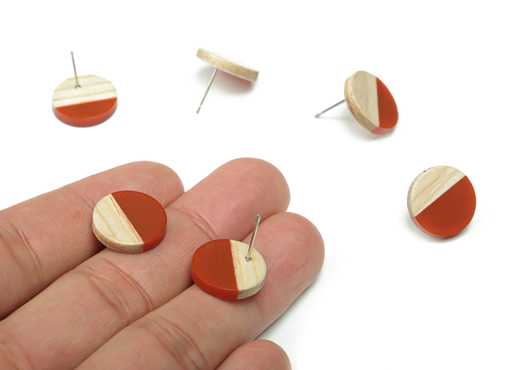 Plain Wood Round Earring Stud - Resin Circle Earring Post - 316 Surgical Stainless Steel Stud - Jewelry Supplies - 15.1x15.1x3.6mm - BB1132B - DOMEDBAZAAR