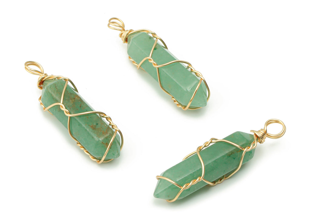 Aventurine Strip Earring Charms - Brass Wire Wrapped Pendant - Crystal Healing - Natural Stone - Gold Tone Plated Brass – 40x10x10mm–NS1555B - DOMEDBAZAAR