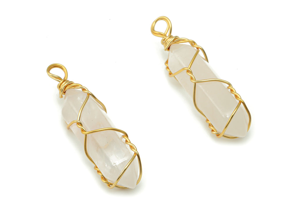 Rose Quartz Earring Charms - Brass Wire Wrapped Pendant - Crystal Healing - Natural Stone - Gold Tone Plated Brass – 39.6x10x9.6mm – NS1555A - DOMEDBAZAAR
