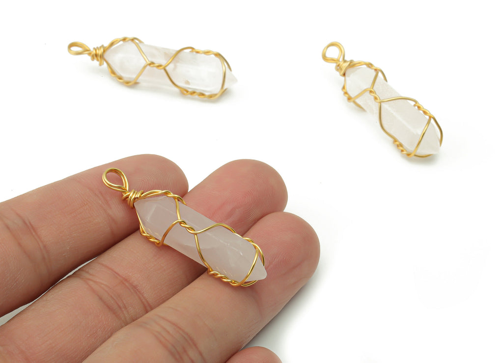Rose Quartz Earring Charms - Brass Wire Wrapped Pendant - Crystal Healing - Natural Stone - Gold Tone Plated Brass – 39.6x10x9.6mm – NS1555A - DOMEDBAZAAR