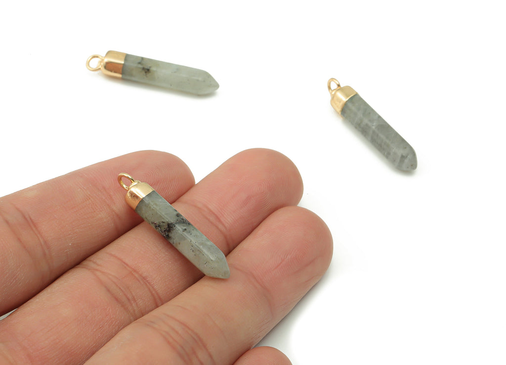 Labradorite Spike Earring Charms - Brass Strip Pendant - Healing Charms - Natural Stone - Gold Tone Plated Brass – 29.4x5.58x5.6mm–NS1549A - DOMEDBAZAAR
