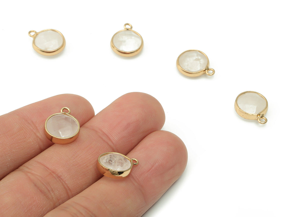 Clear Quartz Round Charms - Brass Circle Pendant - Natural Stone - Gold Tone Plated Brass – Jewelry Supplies - 14.03x10.97x5.35mm – NS1553A - DOMEDBAZAAR