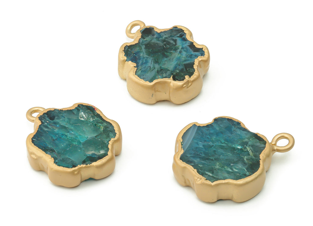 Blue Agate Flower Earring Charms - Brass Flower Pendant - Natural Stone - Matte Gold Tone Plated Brass – 27.22x20.09x7.09mm – NS1543B - DOMEDBAZAAR