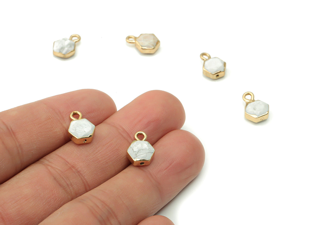 Howlite Hexagon Earring Charms - Brass Hexagon Pendant - Natural Stone - Gold Tone Plated Brass – Jewelry Supplies - 12.9x9.4x4.6mm – NS1544 - DOMEDBAZAAR