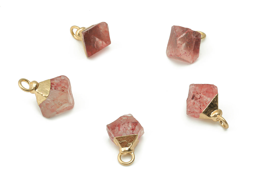 Strawberry Quartz Charms - Brass Diamond Pendant - Natural Stone - Gold Tone Plated Brass – Jewelry Supplies - 14.52x9.08x8.38mm – NS1554 - DOMEDBAZAAR