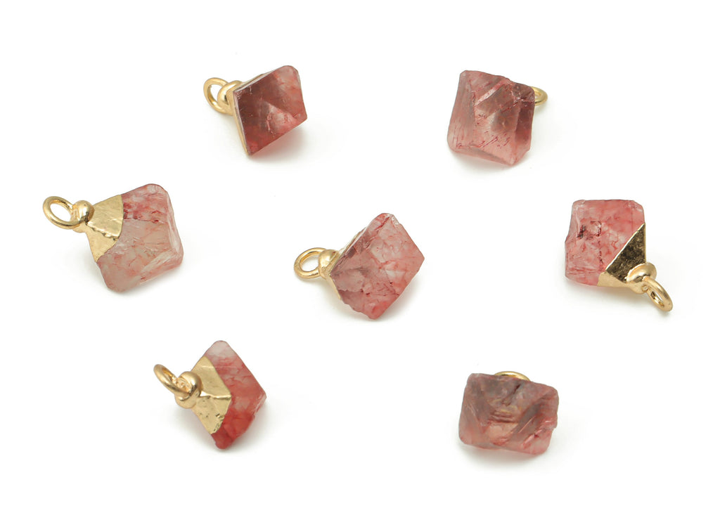 Strawberry Quartz Charms - Brass Diamond Pendant - Natural Stone - Gold Tone Plated Brass – Jewelry Supplies - 14.52x9.08x8.38mm – NS1554 - DOMEDBAZAAR