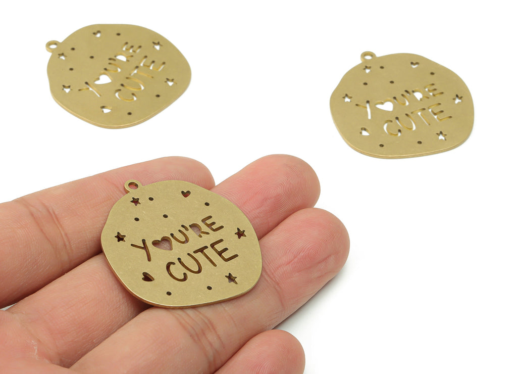 Brass You&#39;RE CUTE Earring Charms - Raw Brass Star Heart Pendant - Jewelry Making Supplies - 37.42x34.52x0.87mm - PPZ0045-1 - DOMEDBAZAAR