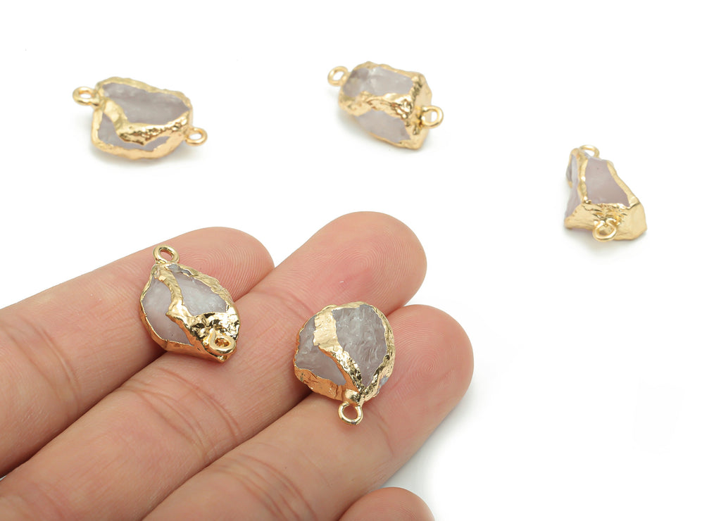 Rose Crystal Quartz Earring Connector - Brass Irregular Charms - Iron Loop - Natural Stone - Gold Tone Plated Brass – 20x13.76x9.82mm–NS1594 - DOMEDBAZAAR