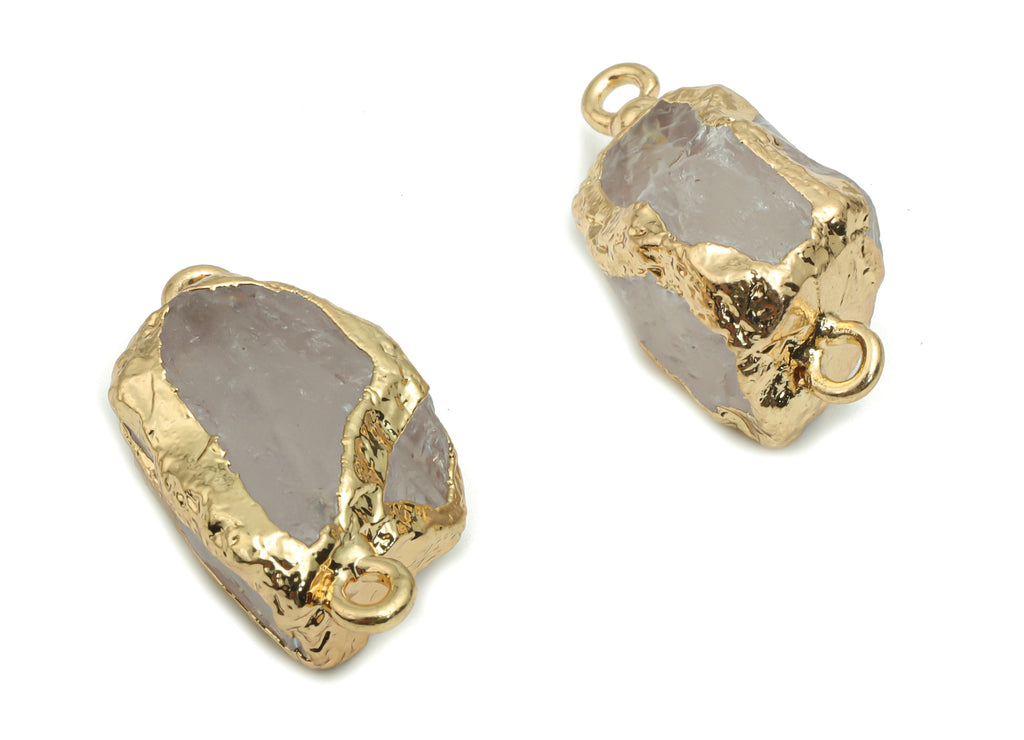 Rose Crystal Quartz Earring Connector - Brass Irregular Charms - Iron Loop - Natural Stone - Gold Tone Plated Brass – 20x13.76x9.82mm–NS1594 - DOMEDBAZAAR