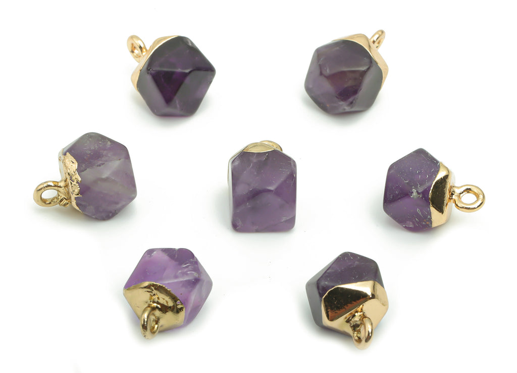 Amethyst Hexagon Earring Charms - Brass Hexagon Pendant - Iron Loop - Natural Stone - Gold Tone Plated Brass – 12.57x8.45x8.18mm – NS1580K - DOMEDBAZAAR