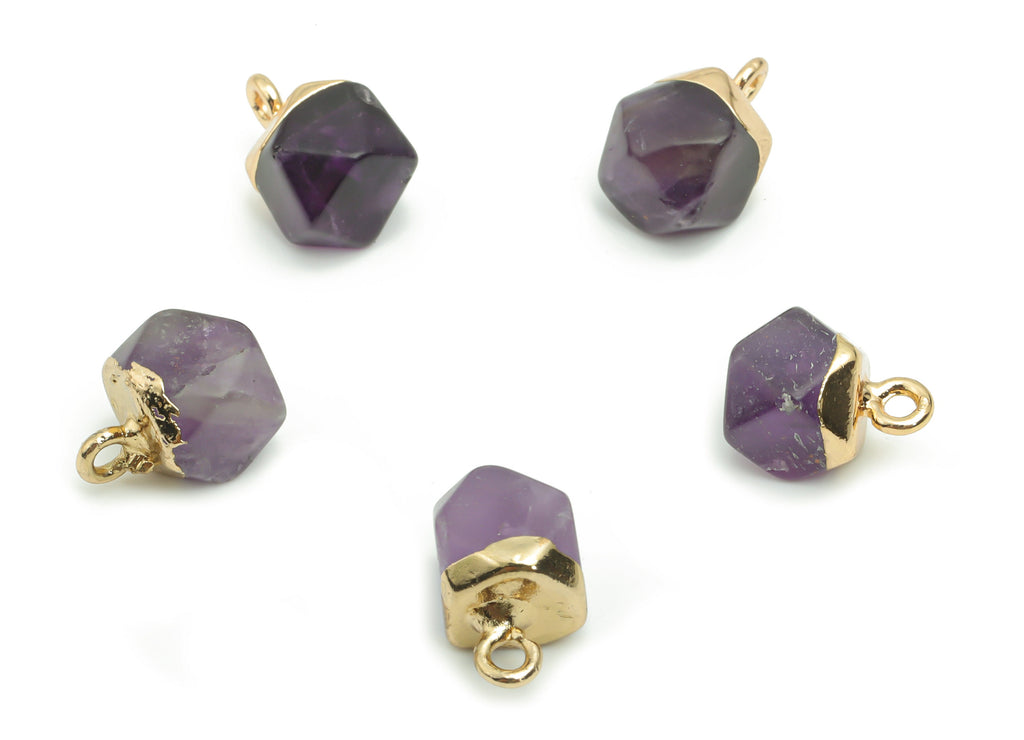 Amethyst Hexagon Earring Charms - Brass Hexagon Pendant - Iron Loop - Natural Stone - Gold Tone Plated Brass – 12.57x8.45x8.18mm – NS1580K - DOMEDBAZAAR