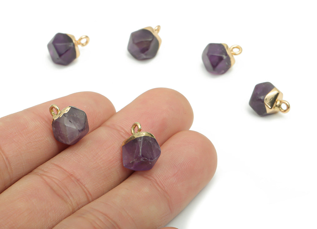 Amethyst Hexagon Earring Charms - Brass Hexagon Pendant - Iron Loop - Natural Stone - Gold Tone Plated Brass – 12.57x8.45x8.18mm – NS1580K - DOMEDBAZAAR