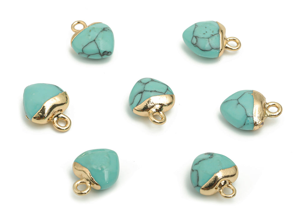 Blue Turquoise Heart Earring Charms - Brass Heart Pendant - Iron Loop - Natural Stone - Gold Tone Plated Brass – 12.55x9.75x5.34mm – NS1568C - DOMEDBAZAAR
