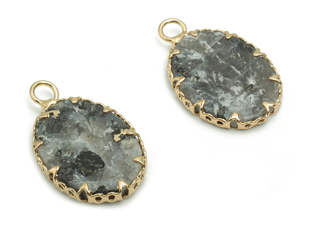 Labradorite Oval Earring Charms - Brass Frame Pendant - Iron Loop - Natural Stone - Gold Tone Plated Brass – 23.57x14.17x2.93mm – NS1572D - DOMEDBAZAAR