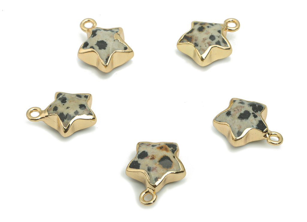 Dalmatian Jasper Star Earring Charms - Brass Star Pendant - Iron Loop - Natural Stone - Gold Tone Plated Brass – 15.94x12.86x6.5mm – NS1579G - DOMEDBAZAAR