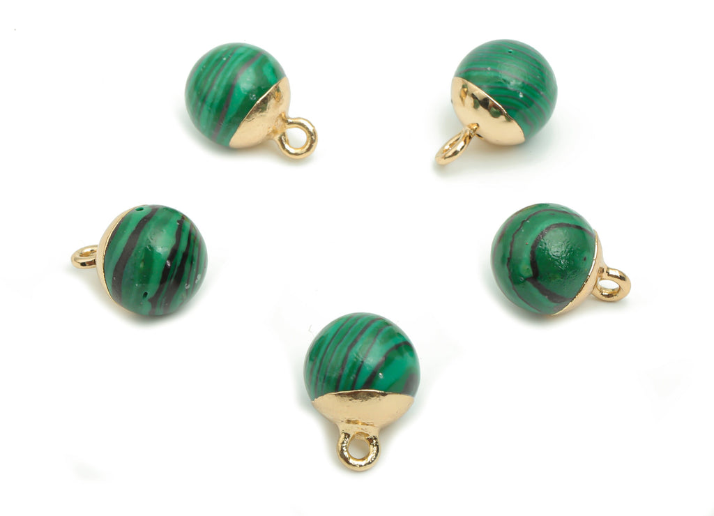Malachite Ball Beads Earring Charms - Brass Beads Pendant - Iron Loop - Natural Stone - Gold Tone Plated Brass – 14.58x10.8x10.8mm – NS1578E - DOMEDBAZAAR