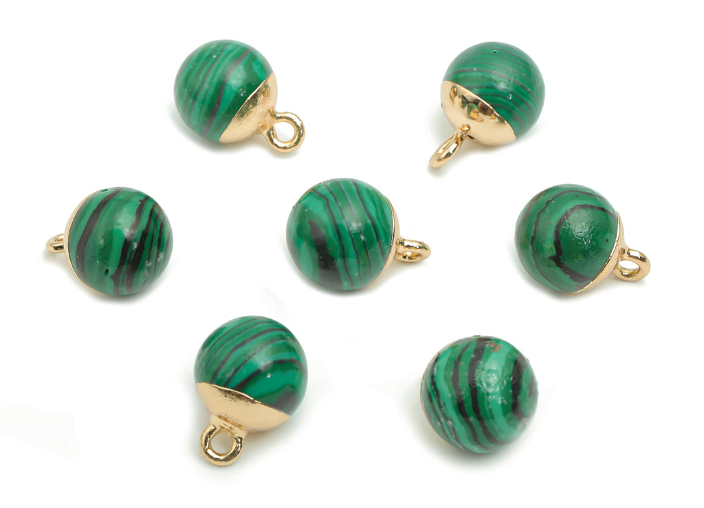 Malachite Ball Beads Earring Charms - Brass Beads Pendant - Iron Loop - Natural Stone - Gold Tone Plated Brass – 14.58x10.8x10.8mm – NS1578E - DOMEDBAZAAR
