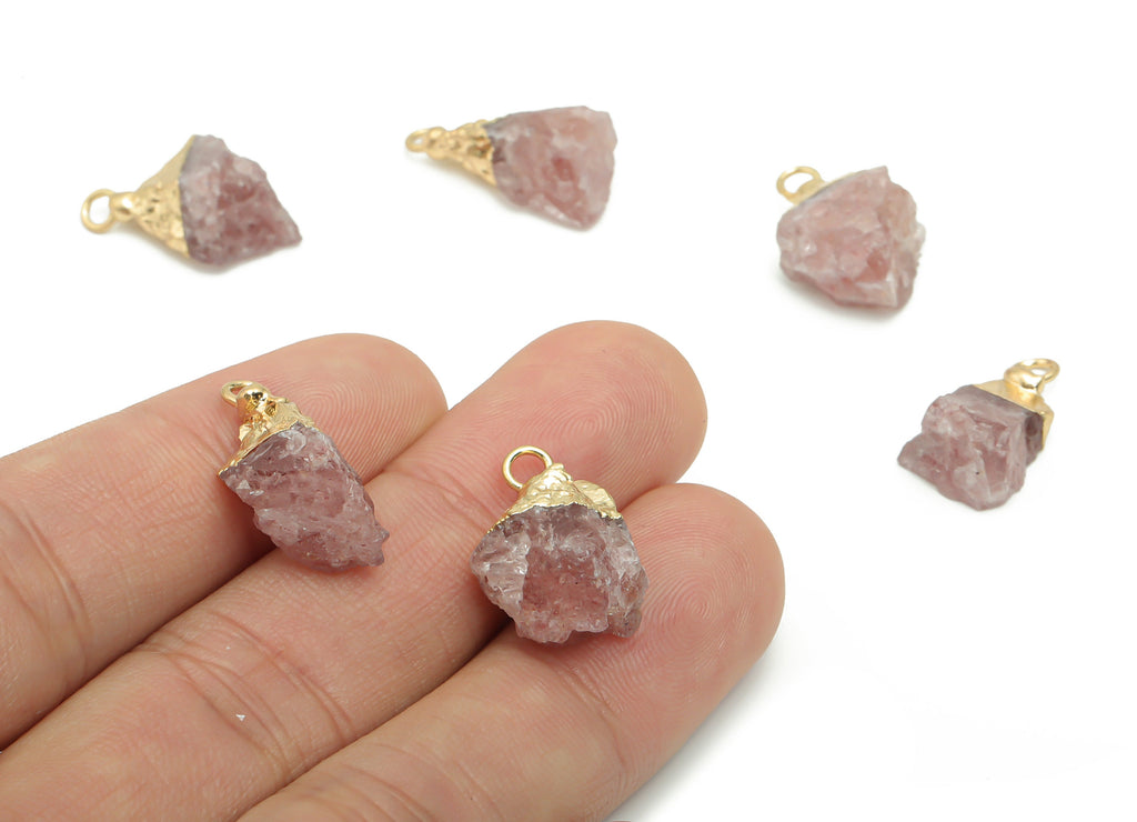 Strawberry Crystal Earring Charms - Brass Irregular Pendant - Iron Loop - Natural Stone - Gold Tone Plated Brass – 22.01x10.1x7.7mm – NS1589 - DOMEDBAZAAR