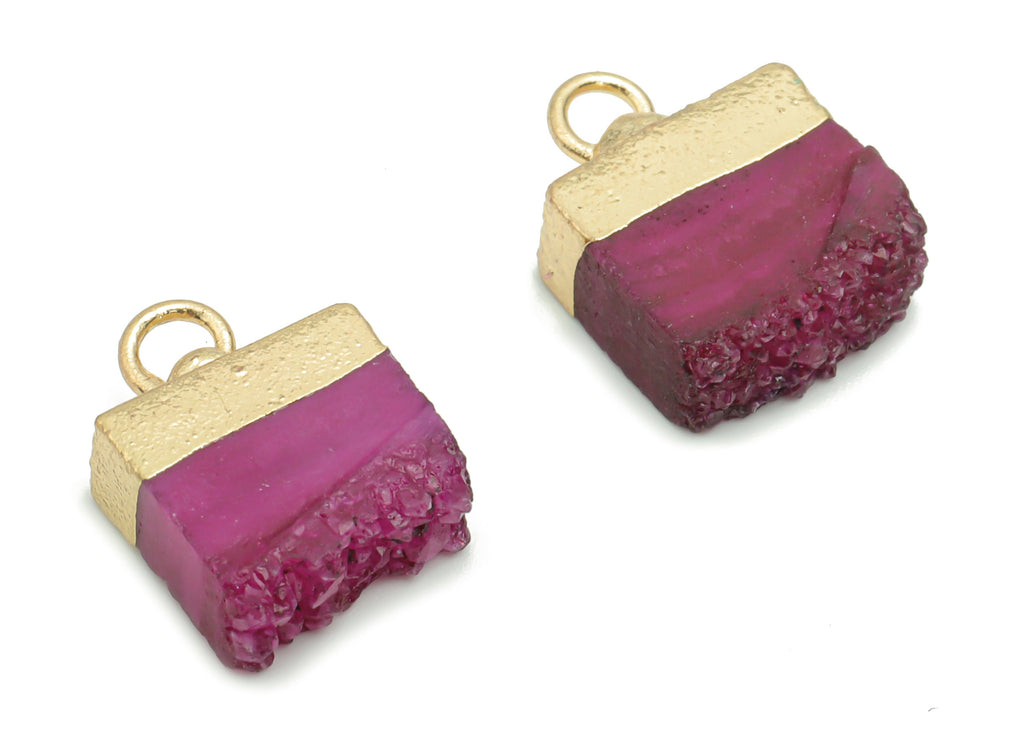 Dyed Quartz Crystal Earring Charms - Brass Square Pendant - Iron Loop - Natural Stone - Gold Tone Plated Brass – 15.89x11.01x4.24mm– NS1573B - DOMEDBAZAAR
