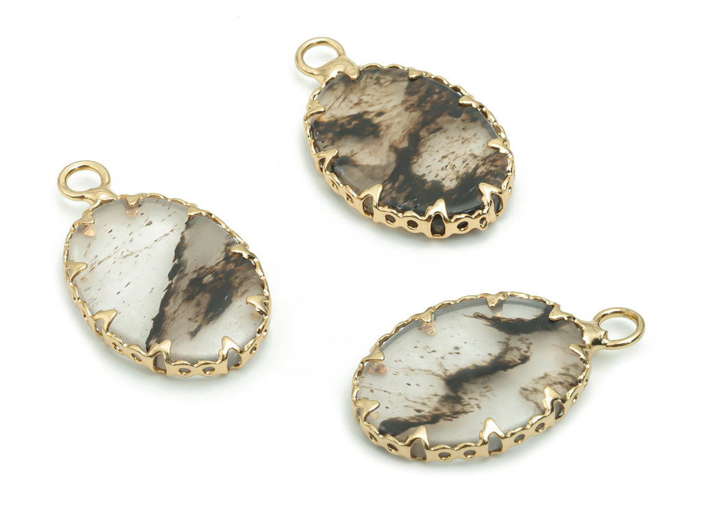 Tourmalinated Oval Earring Charms - Brass Frame Pendant - Iron Loop - Natural Stone - Gold Tone Plated Brass – 23.07x13.76x3.23mm – NS1572E - DOMEDBAZAAR