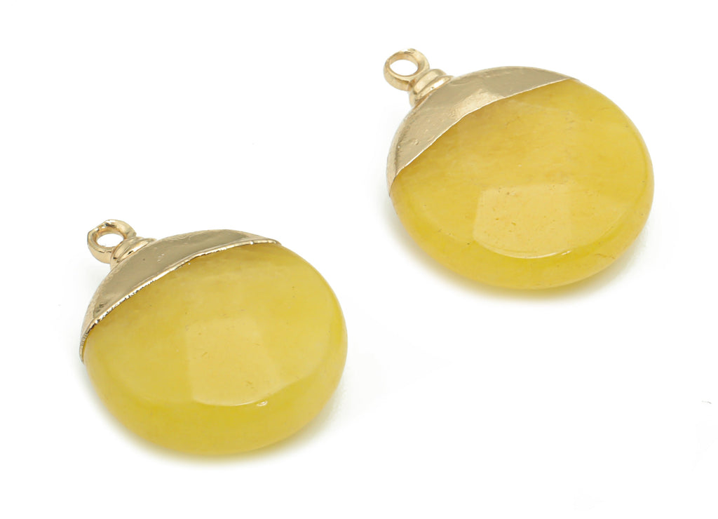 Yellow Jade Earring Charms - Brass Round Pendant - Iron Loop - Natural Stone - Gold Tone Plated Brass – 18.45x15.05x6.56mm – NS1570E - DOMEDBAZAAR